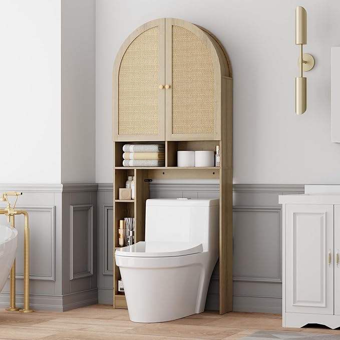 Over The Toilet Storage Cabinet, 29.7”W Modern Storage Cabinet Over Toilet with Rattan Doors, Arched Freestanding Over Toilet Rack with Adjustable Shelf for Bathroom, Nature