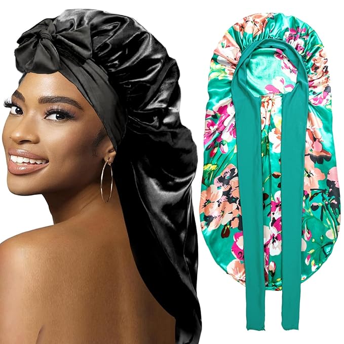 2Pcs Bonnets for Black Women Braid Bonnet, Large Long Satin Bonnet for Braids, Silk Bonnet with Stretchy Tie Band Sleep Cap Hair (2Pcs-Black&Printing Flower)
