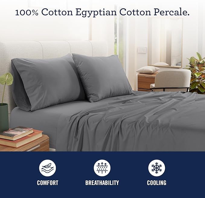IZOD 100% Egyptian Cotton Sheets Set Twin Size, Cotton Percale Crisp Sheet Set 3Pc, Lightweight & Deep Pocket fits Upto 17", Long-Staple Soft Combed, Hotel Style Luxury Bedding Sheet - Carbon Steel