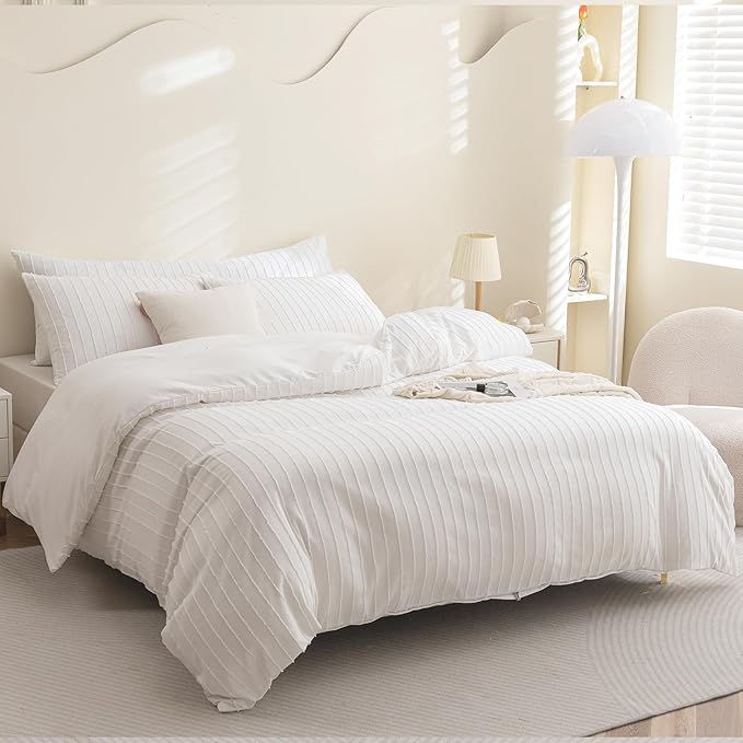 JELLYMONI Duvet Cover Queen Size White - 3PCS Boho Striped Duvet Cover Set Polyester Tufted Bohemian Textured Comforter Cover 90×90in with Corner Ties & Zipper and 2 Pillowcases