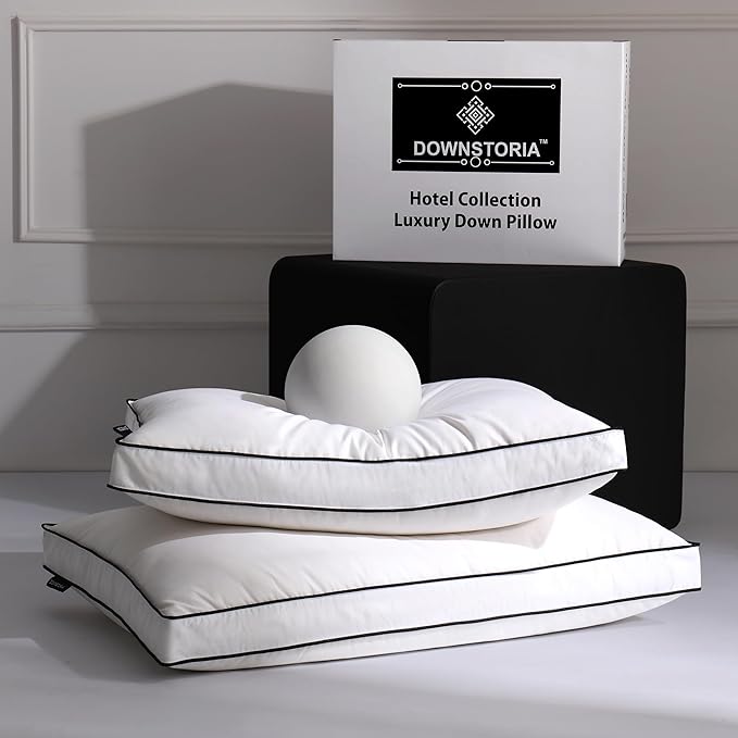 Feather Down Pillows Queen Size Set of 2 with Gusset, Luxury Hotel Collection Bed Pillow 2 Pack, Down Surrounded Gusseted Pillows for Sleeping, Firm for Side, Back Sleepers 20x30 in.