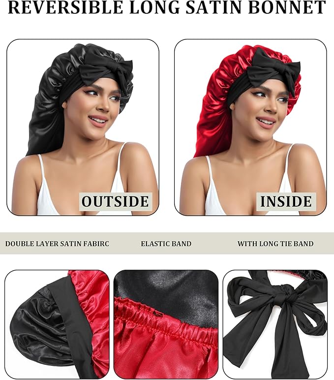 AWAYTR Long Satin Bonnet for Sleeping - Double Layer Reversible Silk Bonnet for Long Hair Women Sleeping Cap with Tie Band