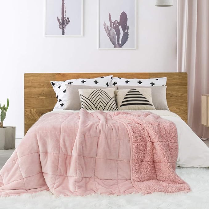 Sivio Sherpa Fleece Weighted Blanket for Adult, 15 lbs Heavy Fuzzy Throw Blanket with Soft Plush Flannel, Reversible Queen Size Super Soft Extra Warm Cozy Fluffy Blanket, 60x80 Inches Dual Sided Pink