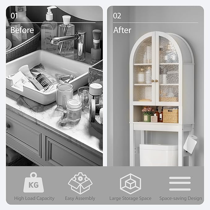 Over The Toilet Storage Cabinet, 23.7”W Modern Storage Cabinet Over Toilet with Acrylic Doors, Arched Freestanding Over Toilet Rack with Adjustable Shelf for Bathroom, Antique White