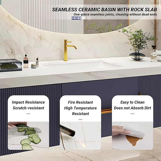 Bathroom Vanity with Double Sink, Modern Bathroom Vanities Compo Includes LED Smart Defogging Mirror Cabinet and Open Shelf, Solid Wood Bathroom Sink Vanity with Slate Countertop (Dark Grey,92")