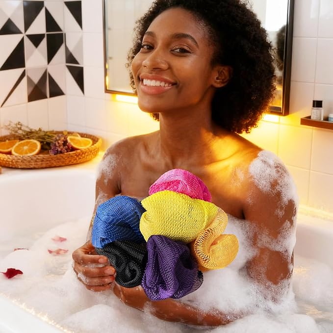African Net Sponge Authentic 3 Pieces with Storage Bag, African Exfoliating Net Sponge Washcloth, Exfoliating Body Scrubber Bath Sponge Bathing Accessories (Blue & Black & Golden)