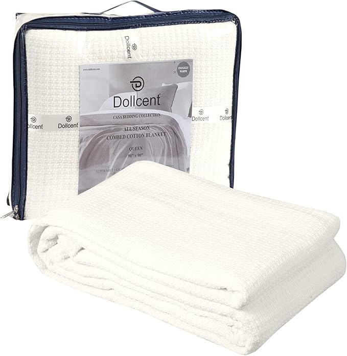 DOLLCENT 100% Cotton Queen Size Blanket for Bed, Premium Soft Combed Lightweight Blankets, Washed Breathable Cozy Bed Throw Blanket, Ivory Queen Cotton Blankets for All Season: Ivory (90"x90")