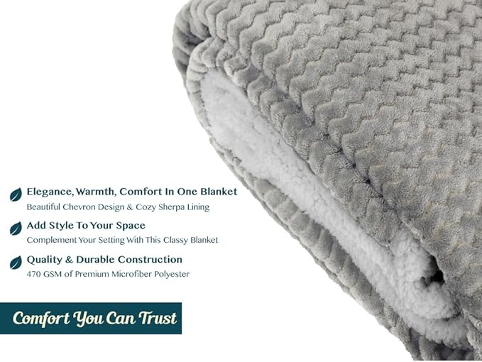 PAVILIA Dark Gray Twin Bed Blanket Reversible Sherpa Chevron, Soft Cozy Jacquard Weave Textured Throw Sofa Couch, Thick Warm Large Fleece Car Blanket, Decorative Plush Home Decor Gift, 60x80 Dark Grey