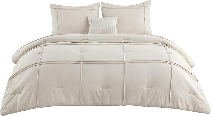 Bedsure Full Comforter Set - 4 Pieces Grid Pleat Bed Set, Beige Boho Bedding for All Season, 1 Soft Comforter, 2 Pillowcases, 1 Decorative Pillow