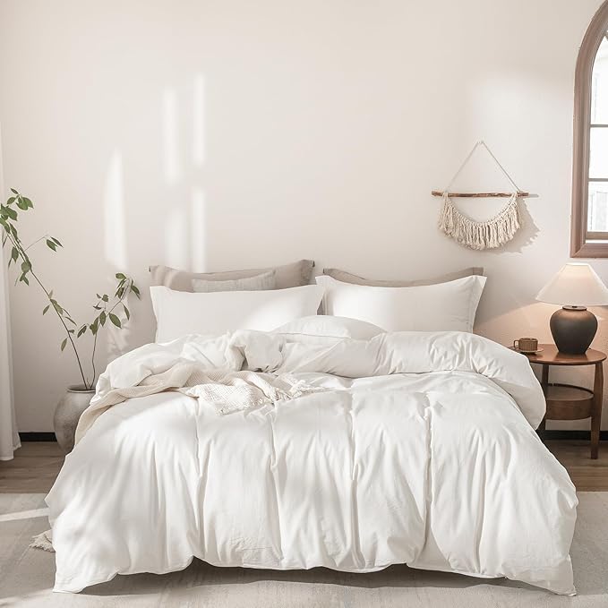 Off White Duvet Cover Super Queen Size 100% Washed Cotton Bedding Set Cover 1 Duvet Cover Zipper Closure and 2 Pillowcases, 98inchx90inch