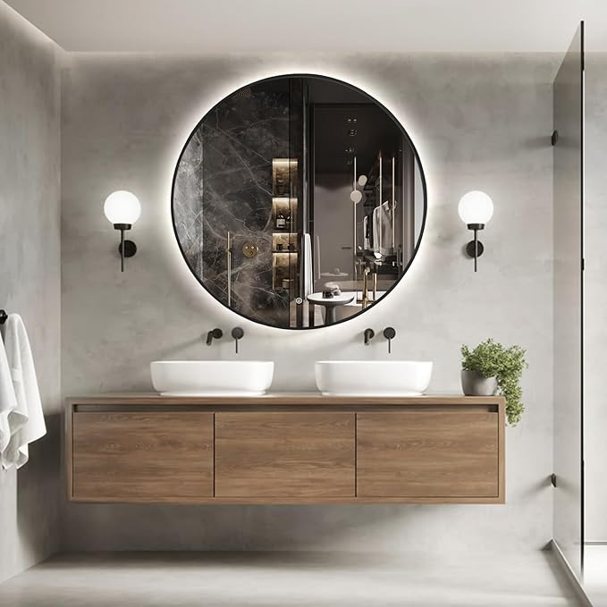 Niccy 48" LED Backlit Round Mirror for Bathroom, Black Framed Vanity Light Wall Mirror LED Smart Circle Mirrors with 3 Lighting Colors, Dimmable Lighted Mirror with Anti-Fog, IP65 Waterproof