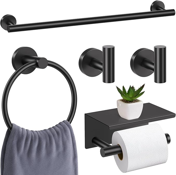 Matte Black Bathroom Hardware Set, 5 Pieces Black Towel Bar Bathroom Accessories Set, Upgraded Toilet Paper Holder with Shelf, 23.6 Inch Towel Rack Towel Holder for Bathroom Wall