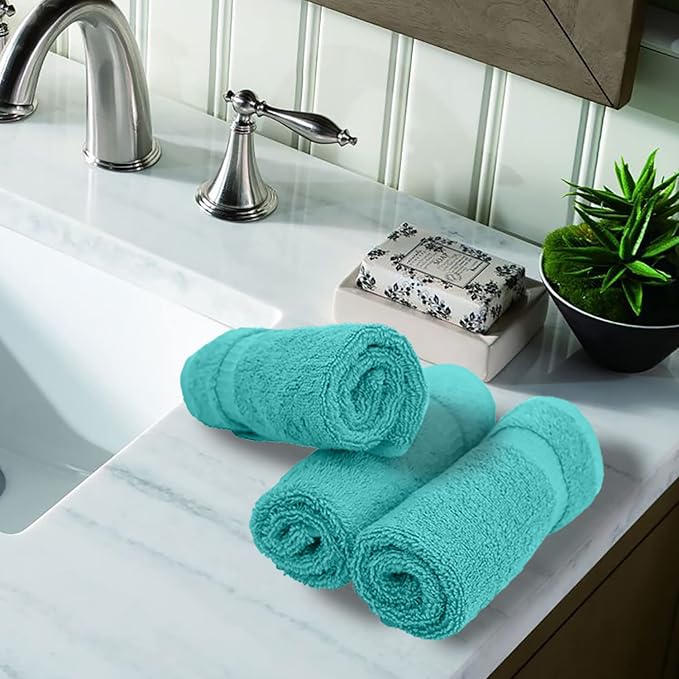 Luxury Hotel & Spa Towel Turkish Cotton Washcloths - Aqua - Dobby Border - Set of 6