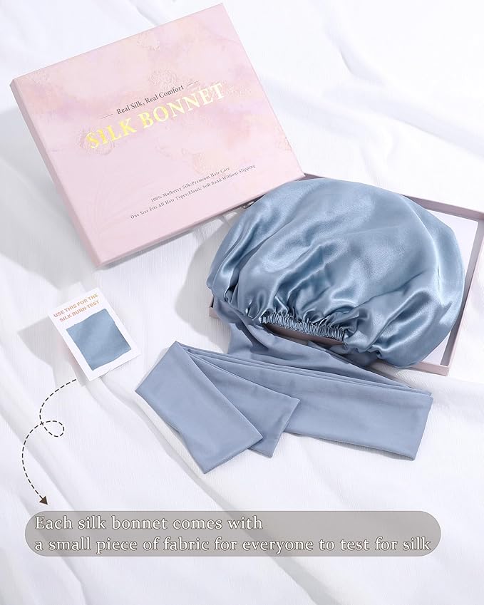 100% Mulberry Silk Bonnet for Sleeping Women Double Layer Silk Hair Bonnet Natural Silk Sleep Cap with Elastic Reversible Hair Wrap (Haze Blue + Sky Blue)