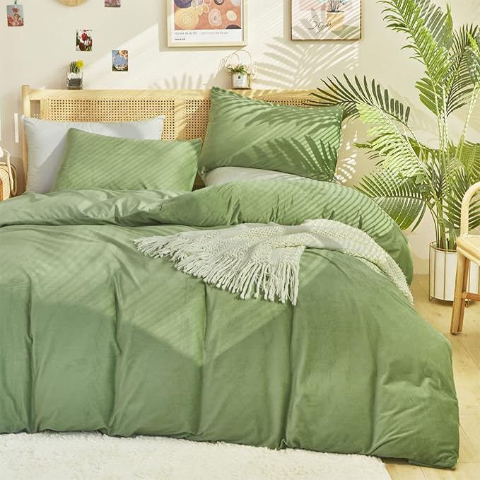 Cottonight Sage Velvet Fluffy Flannel Bedding - Twin Light Green Plush Comforter Set With Blanket & Quilts - Warm & Soft for Women & Men