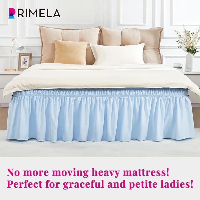 RIMELA Light Blue Bed Skirt King Size 15 Inch Drop, Elastic Bed Skirting for Bed Base and Frame, Bedding Dust Ruffle Easy to Install, Lightweight Wrap Around Adjustable Bedskirt