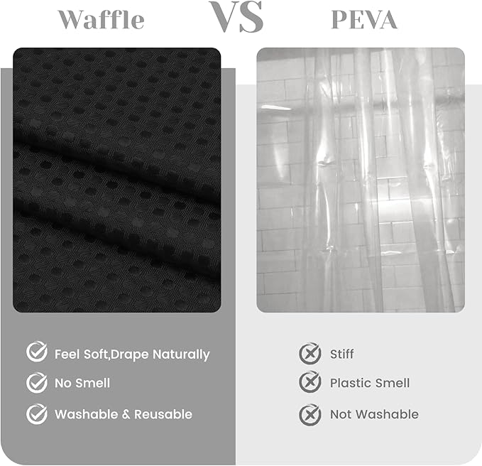 No Hook Shower Curtain with Snap in Liner Set Waffle Shower Curtain for Bathroom Hotel Style Fabric Waterproof Inner Liner，71" W x 86" H, Black