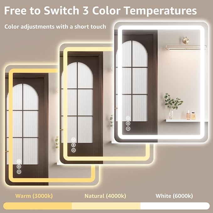 20"L x 28"W Led Bathroom Mirror with Lights, Anti-Fog & Tri-Color Lighting - Wall Mounted Shaving Mirror with Touch Sensor, Waterproof & Smart LED Vanity Mirror,Tempered Glass, Dimmable Smart Mirror
