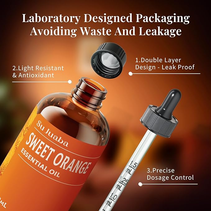 SU JUABA Orange Essential Oil 4 Fl Oz, 100% Pure Natural for Mood Boost, Diffuser, Skin Care, Aromatherapy- 118ML