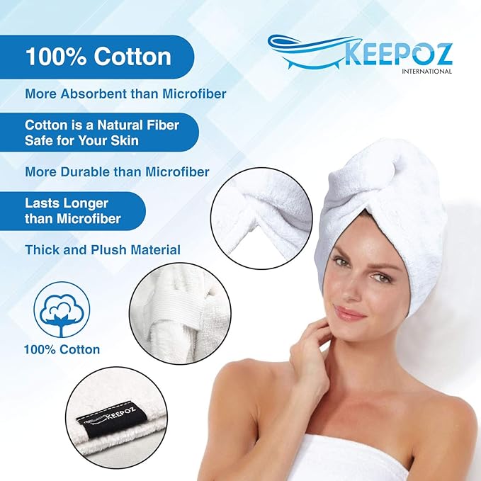 KEEPOZ 100% Cotton Hair Towel Wrap Quick Dry Super Absorbent Turban Head Wrap for Women with Button, Anti Frizz, Hair Cap for Curly, Long & Thick Hair (White, 1 Pc)