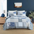 Cotton Bedspread Quilt Bedding Sets 3 Pieces Reversible Coverlet Sets Comforters Rustic Floral Patchwork Blue White Bedspread, King Size