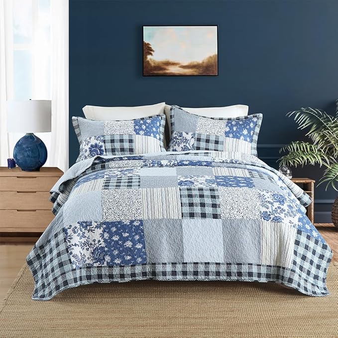 Cotton Bedspread Quilt Bedding Sets 3 Pieces Reversible Coverlet Sets Comforters Rustic Floral Patchwork Blue White Bedspread, King Size