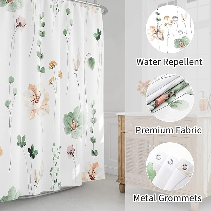Gibelle Long Shower Curtain 72 x 78, Watercolor Floral Fabric Shower Curtain, Sage Green Beige Flower Decorative Bathroom Shower Curtain Set with Hooks
