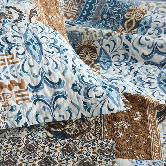 ENASAL Cotton Bedspread Quilt Bedding Sets Reversible Coverlet Comforters Blue Bohemian Rustic Floral Patchwork Pattern Bedspread for All Season,King Size