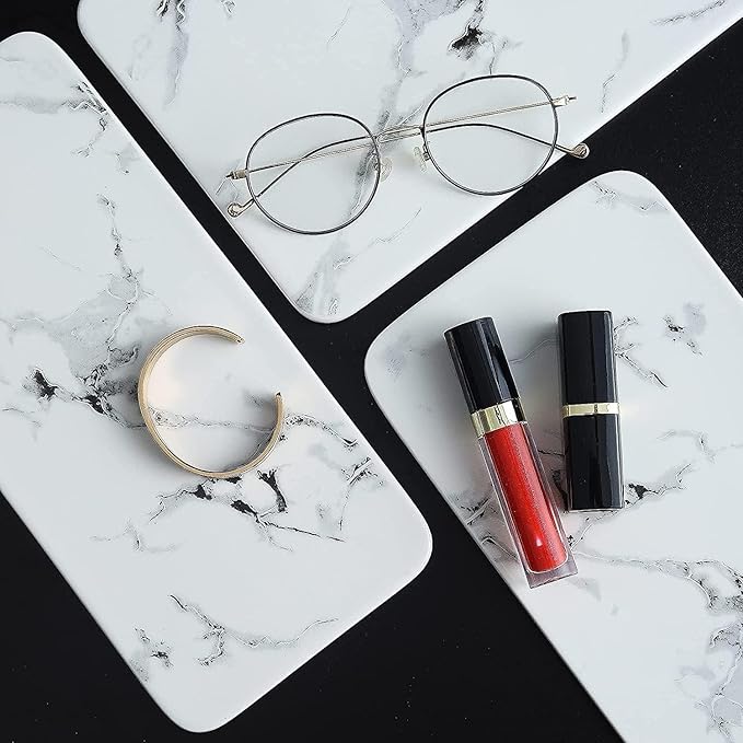 Bathroom Organizer Countertop Perfume Organizer Makeup Organizer Cosmetics Storage Display Rack Vanity Tray Dresser Stainless Steel Gold Shelf White Marble Ceramic Tray (2 Tier L-Black)