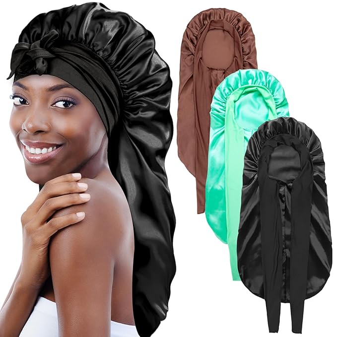 3Pcs Bonnets for Black Women - Satin Silk Bonnet with Stretchy Tie Band for Braids, Long Curly Hair (Black, Green, Brown)