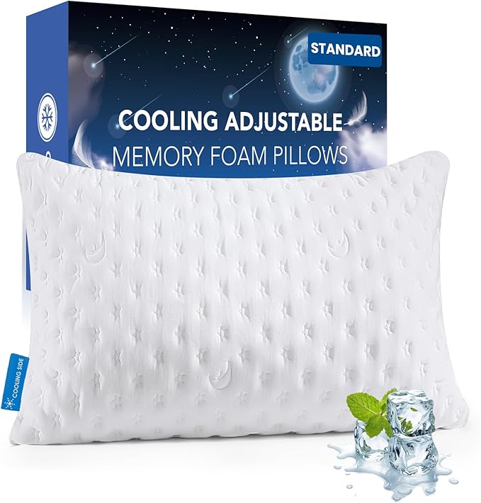 Cooling Side Sleeper Pillow for Neck and Shoulder Pain, Luxury Shredded Memory Foam Firm Cool Bed Pillows for Sleeping Set of 1- Adjustable Standard Size- Washable Cover Original White
