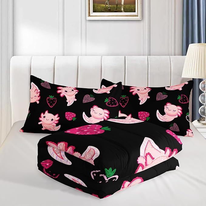 Cute Axolotl Bedding Set Queen Size,Pink Axolotl Strawberry Printed Comforter Sets Aesthetic Bedding for Kids Girls,Beach Coastal Animal Themed Comforter Sets with 2 Pillowcases.