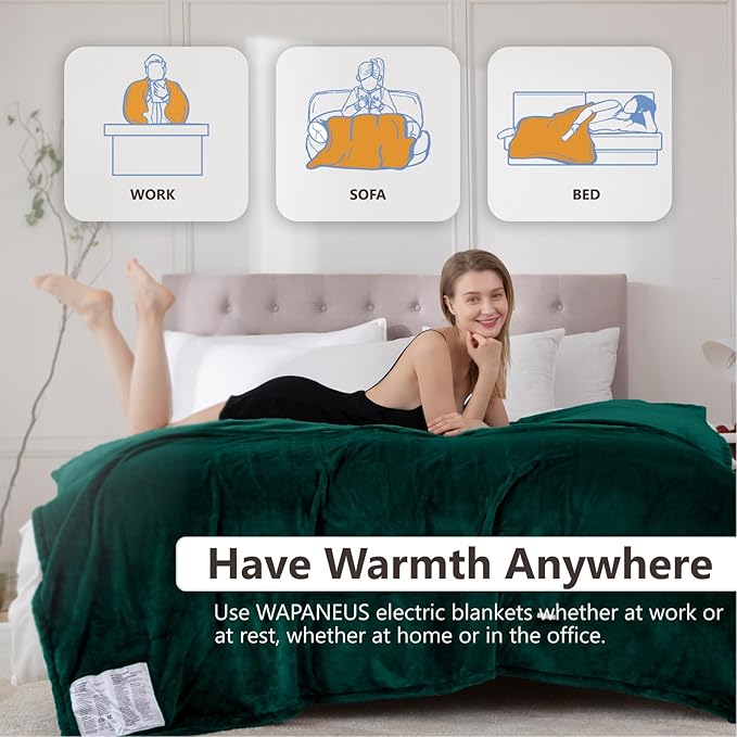 Wapaneus Heated Blanket Electric Queen Size 84"x90"-Dual Control with 10 Heat Levels 12 Timer Settings and 8 Hours Auto-Shut Off,Fast-Heating Electric Blanket,ETL Listed Machine Washable,Green