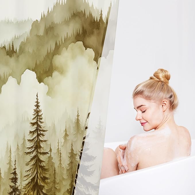 Yellow Extra Long Misty Pine Forest Shower Curtain 72 x 84, XL Mountain Foggy Woodland Scenery Tree Shower Curtains for Bathroom, Abstract Waterproof Nature-Themed Decor