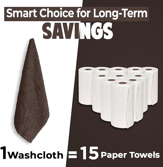 DAN RIVER 100% Cotton Wash Cloths 24 Pack [12x12] Soft & Absorbent Soft washcloths, Gym, Hotels & Spa Perfect for Everyday Use Fingertip Towels, Brown