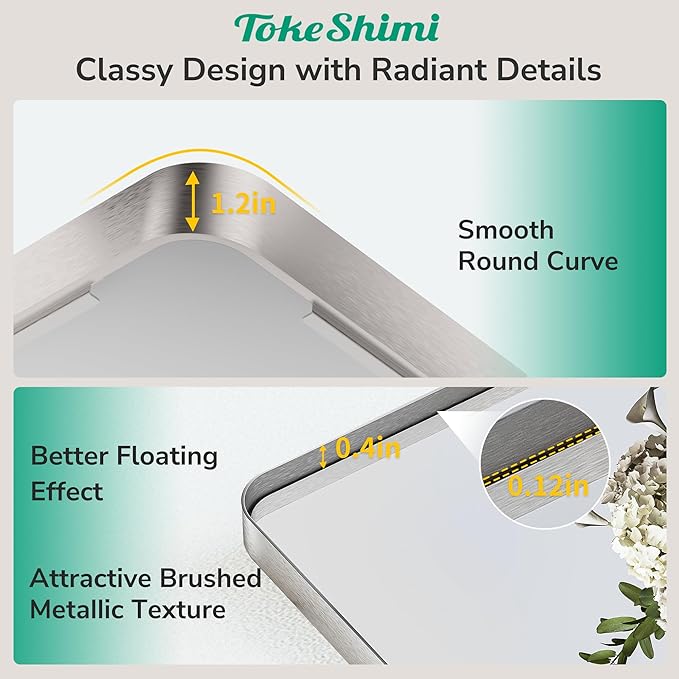 TokeShimi 48x36 Brushed Nickel Bathroom Mirror for Over Sink,Tempered Glass,Rectangle Mirror for Bathroom,Large Bathroom Mirror for Vanity(Horizontal/Vertical)