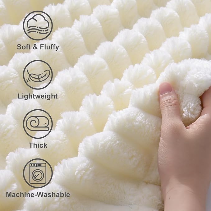 decorUhome Christmas Soft Fleece Cream White Blanket Queen Size for Bed, Cozy Fluffy Plush Flannel Large Striped Throws for Couch Sofa, Lightweight Decorative Fuzzy Blanket for Woman, 90x90 Inches