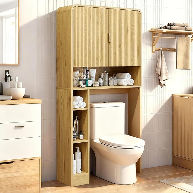 Over The Toilet Storage Cabinet, Farmhouse Bathroom Organizers and Storage with Fluted Doors & 8 Storage Compartments，Home Space-Saving Toilet Rack, for Bathroom, Restroom and Laundry