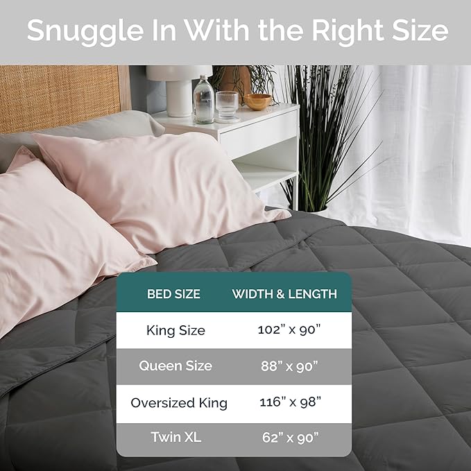 100% Viscose Derived from Bamboo Comforter, Cooling Comforter, Duvet Insert, Breathable, Extra Fluffy, Lightweight Comforters, Charcoal - King Size