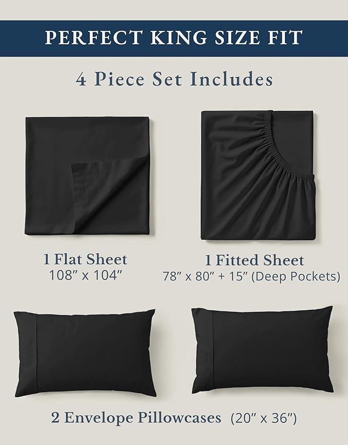 LANE LINEN 100% Organic Cotton Bed Sheets King Size, Soft & Comfy Fully Elasticized Percale Bedding Sheets & Pillowcase Set, Low Pilling Machine Washable King Sheet- Black Sheets