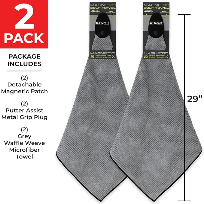 STICKIT Magnetic Towel, Grey | 2-Pack | Top-Tier Microfiber Golf Towel with Deep Waffle Pockets | Industrial Strength Magnet for Strong Hold to Golf Carts or Clubs