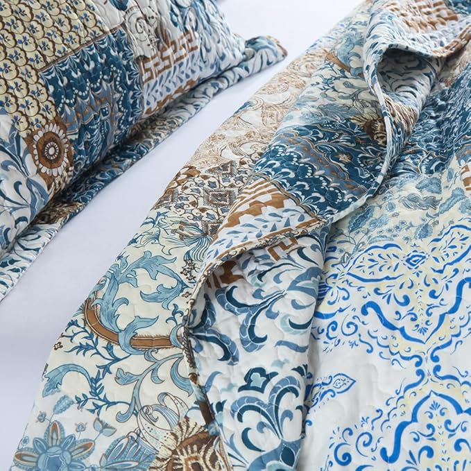 ENASAL Cotton Bedspread Quilt Bedding Sets Reversible Coverlet Comforters Blue Bohemian Rustic Floral Patchwork Pattern Bedspread for All Season,King Size