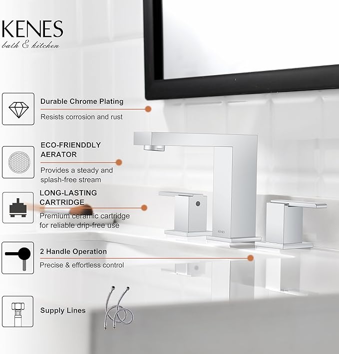 KENES Chrome Widespread Bathroom Faucet Two Handle Bathroom Sink Faucet, 8-Inch 3 Pieces Bathroom Vanity Faucet 3 Hole with Supply Lines, KE-9050-5