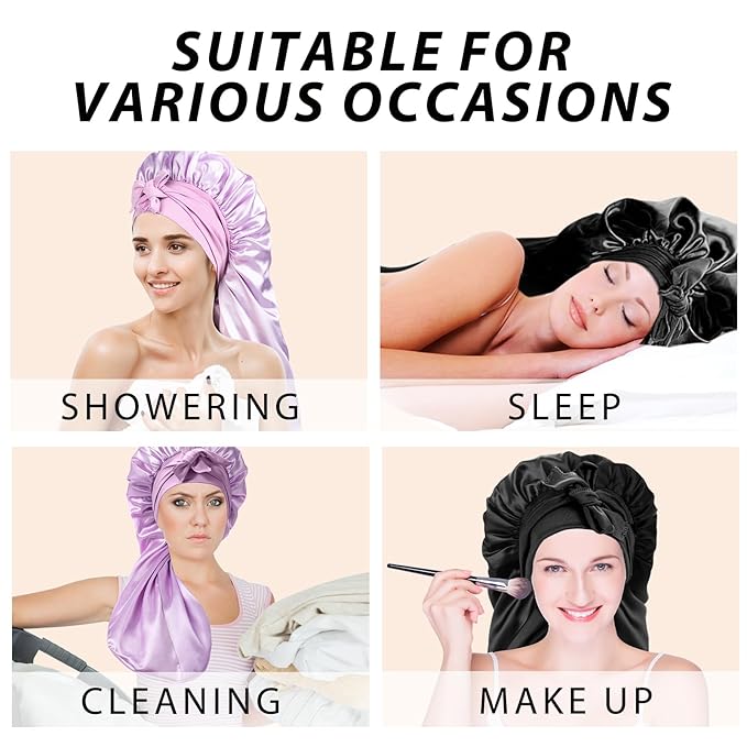 2Pcs Bonnets for Black Women Braid Bonnet, Large Long Satin Bonnet for Braids, Silk Bonnet with Stretchy Tie Band Sleep Cap Hair (2Pcs-Black&Purple)
