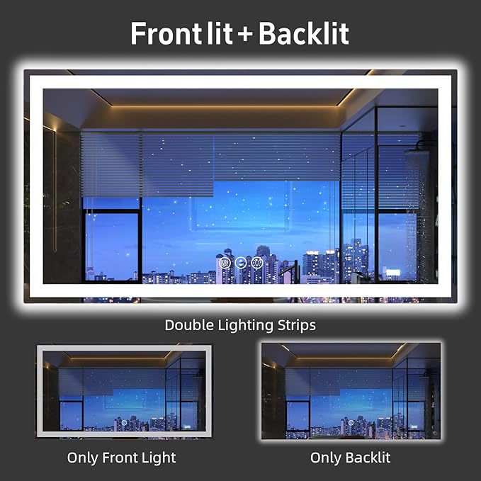 55"x 36" LED Bathroom Mirror with Lights, Double Lighting Sources Dimmable, Backlit + Front Lit, Anti-Fog, 3 Colors Lighted Bathroom Vanity Mirror for Wall Tempered Glass (Horizontal/Vertical)