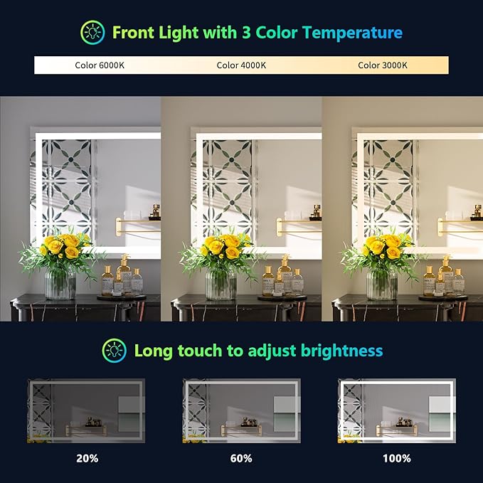 55x30 Inch RGB LED Bathroom Mirror Front Light and RGB Backlit Lighted Vanity Mirror for Bathroom Wall Mounted Dimmable Anti Fog Memory Shatter-Proof IP54 Waterproof Horizontal/Vertical