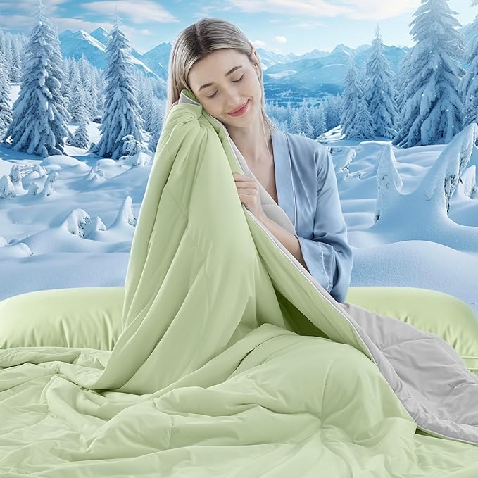 Cooling Comforter Twin Size, Double-Sided Cooling Blanket for Hot Sleepers & Night Sweats, Arc-Chill Q-Max > 0.4 Breathable Ice Blanket, Lightweight Cold Comforter (68''x90'', Light Green)