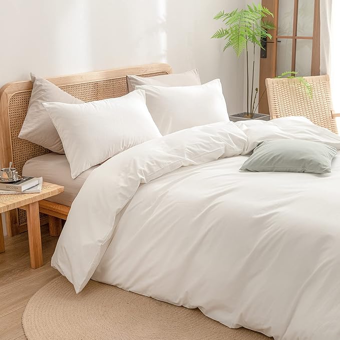 BESTOUCH Duvet Cover Set 100% Washed Cotton Linen Feel Super Soft Comfortable Chic Lightweight 3 PCs Home Bedding Set Solid Off White Cal King