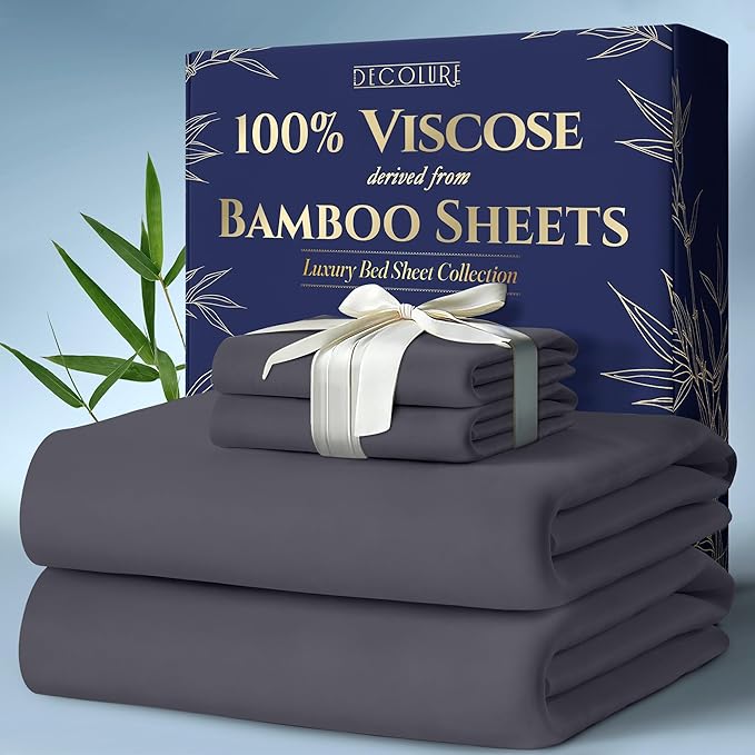 DECOLURE 100% Viscose Derived from Bamboo Sheets Cal King Size 4pcs - Ultra Soft & Luxuriously Cooling, 17" Deep Pocket, Double Stitching, Perfect for Hot Sleepers - King Bed Sheets (Grey)