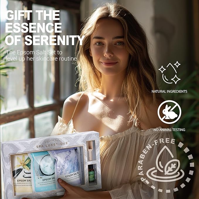 Bath Salts for Women, Spa Luxetique Epsom Salts for Soaking, 3pc Bath Salt Gifts Set, Lavender, Vanilla and Coconut Scent with Tea Tree Oil Gifts for Her Birthday Gifts